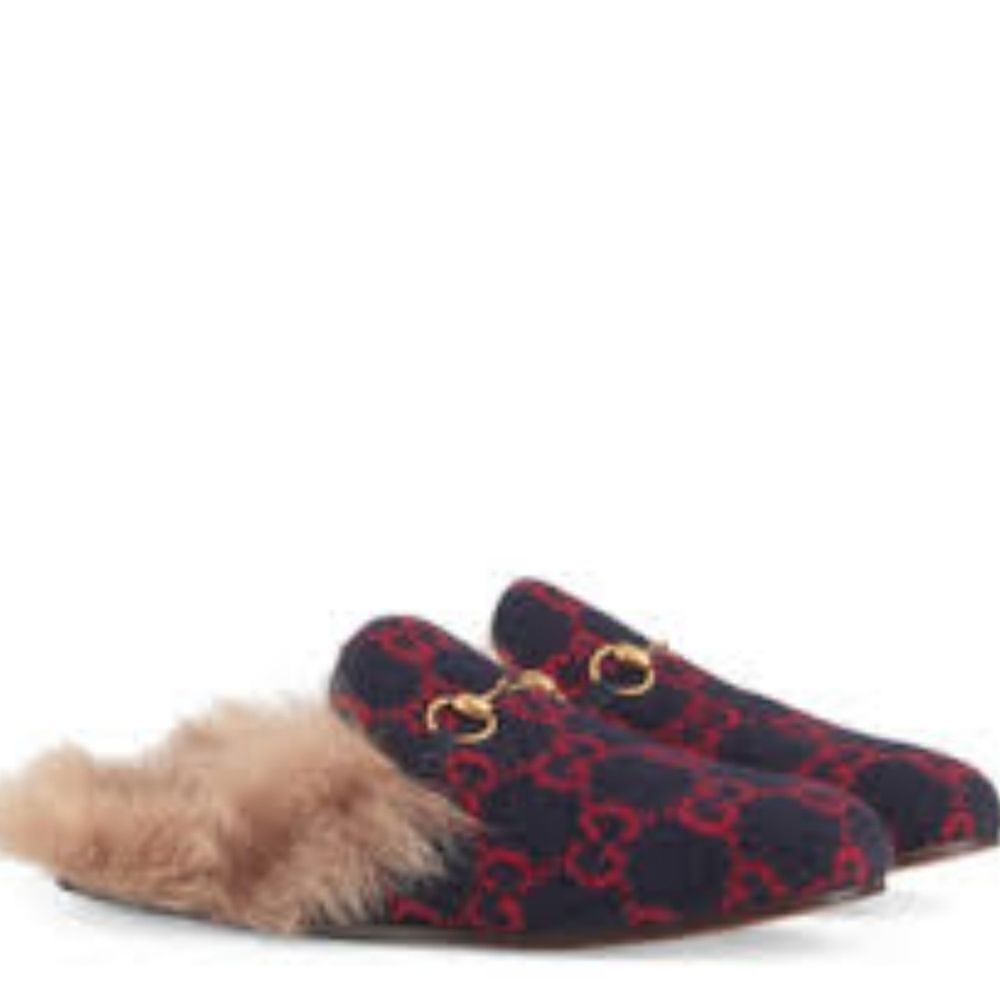 Gucci Women Blue Red & Wool GG Monogram Fur Princetown Mule Slippers 35 - Picture 16 of 16